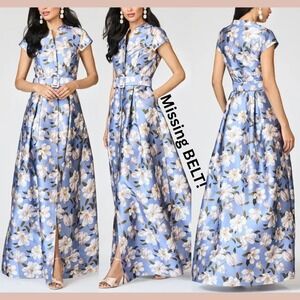 NWD $950 Sachin & Babi [ 4 ] Marta Floral Belted Satin Gown Blue Magnolia J2109
